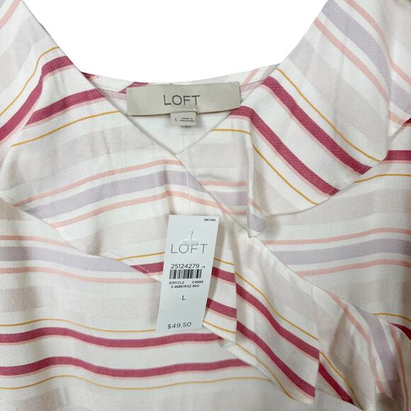 Loft Top Size Large Sleeveless Blosue‎ Striped Ruffle White Pink - Picture 3 of 5